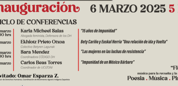 Cartel que contiene una imagen de floreros negros con tres flores rojas con el texto "Bety y Jyri semillas que florecen" Más texto " Exposición gráfica internacional semillas que florecen en memoria de Bety y Jyri" "Inaguración 6 de marzo 2025 5pm" Complejo cultural del Carmen.