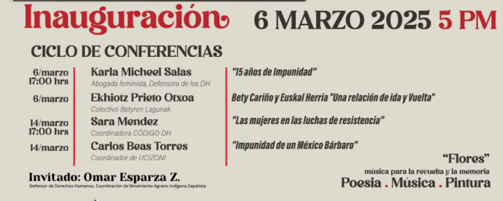 Cartel que contiene una imagen de floreros negros con tres flores rojas con el texto "Bety y Jyri semillas que florecen" Más texto " Exposición gráfica internacional semillas que florecen en memoria de Bety y Jyri" "Inaguración 6 de marzo 2025 5pm" Complejo cultural del Carmen.