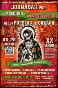cartel de las jornadas por la memoria y resistencia de los pueblos de Oaxaca, con la virgen de las barricadas.