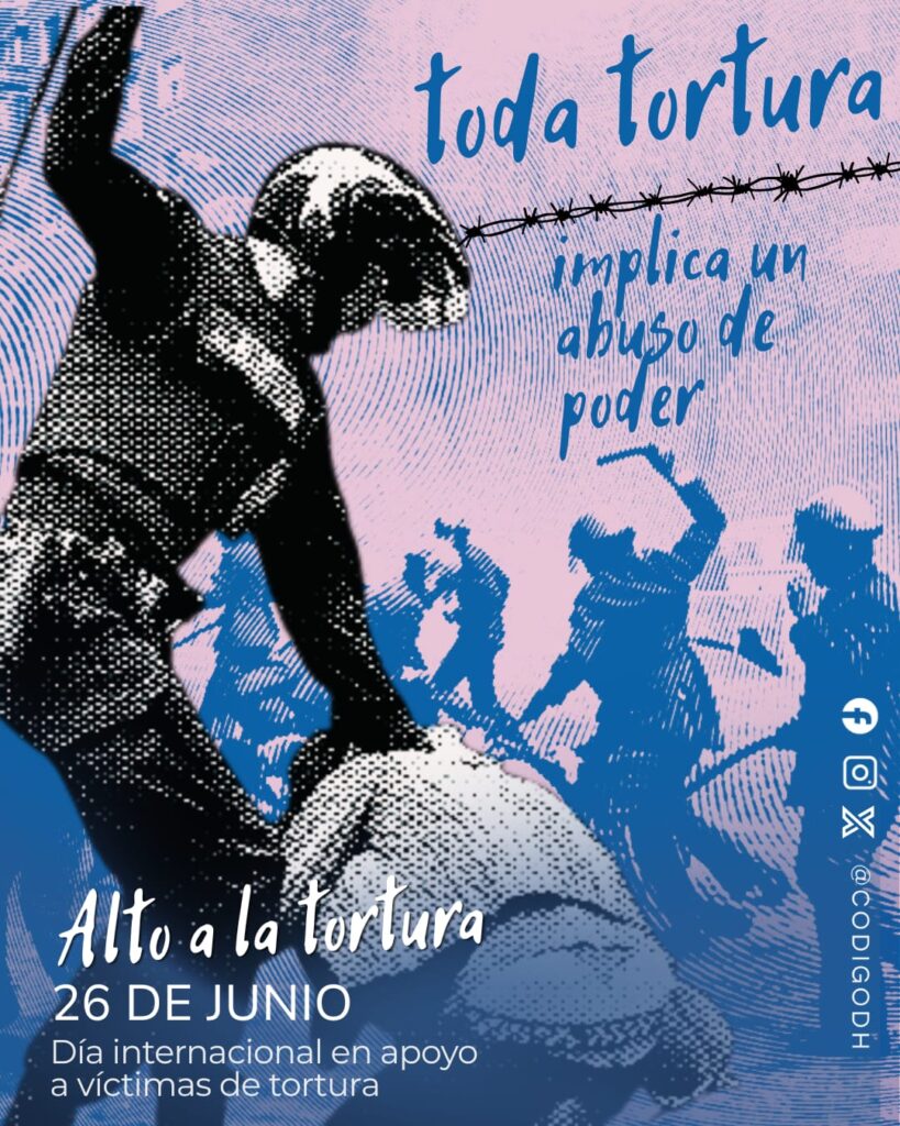 Cartel contra la tortura, policía golpeando a una persona detenida.